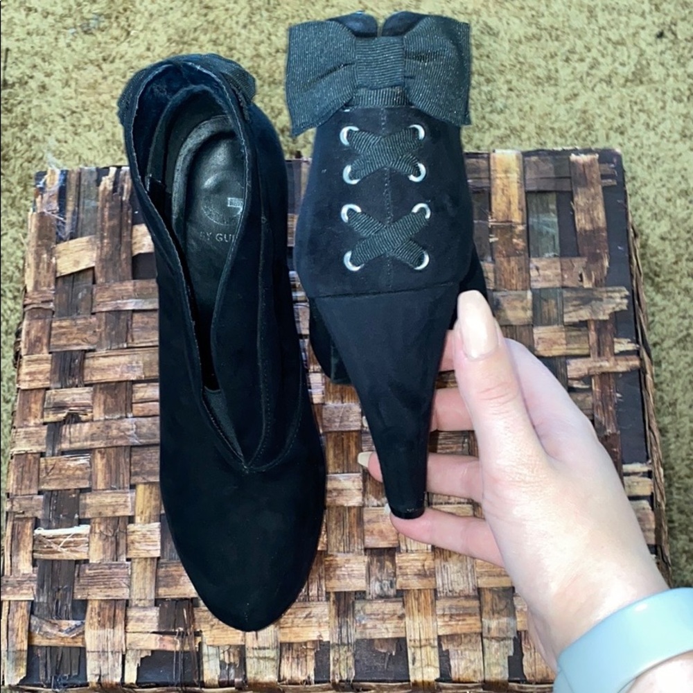G by Guess Black Suede Bootie Bow Back Heels